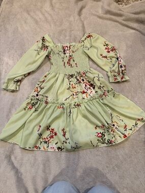 Smocked Floral Off-Shoulder Kids Dress in Light Green